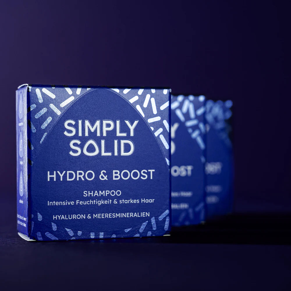 festes Shampoo, Syndet, empfindliche Kopfhaut, hydro & boost , haarpflege, Simply Solid, natürliche haarpflege, veganes shampoo, plastikfrei, foamie, duschbrocken