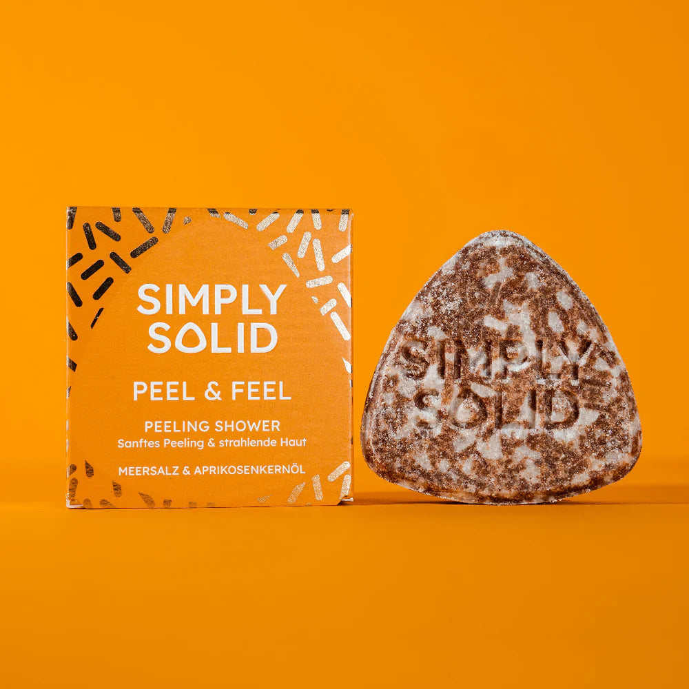 festes Duschstück, Syndet, empfindliche Haut, peel & Feel, Simply Solid, natürliche Hautpflege, vegane Dusche, plastikfrei, foamie, duschbrocken