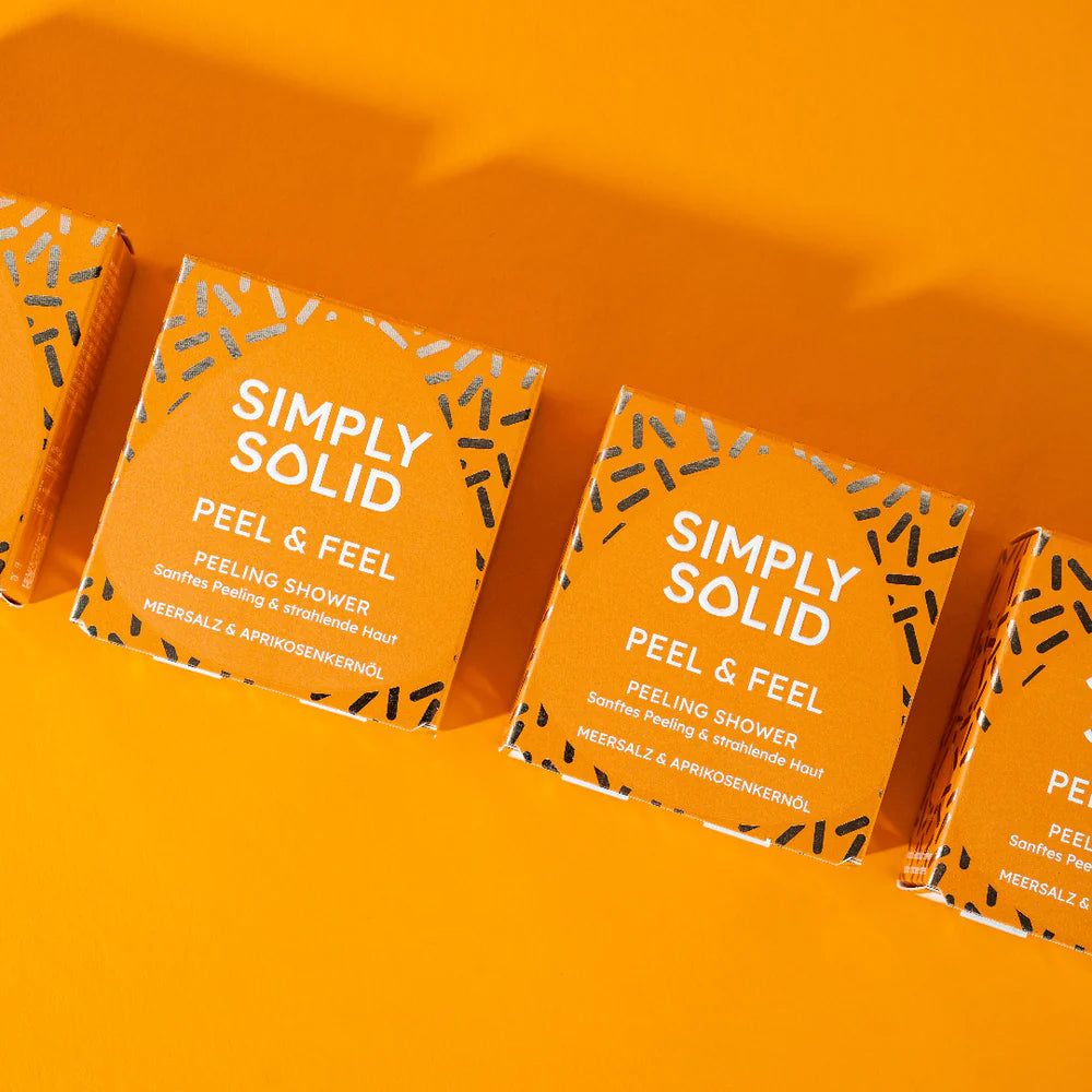 festes Duschstück, Syndet, empfindliche Haut, peel & Feel, Simply Solid, natürliche Hautpflege, vegane Dusche, plastikfrei, foamie, duschbrocken